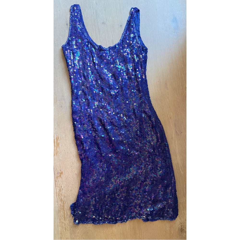 Vintage Tan-Chho 100% Silk Sequin Dress Iridescent Blue Beaded Cocktail Party